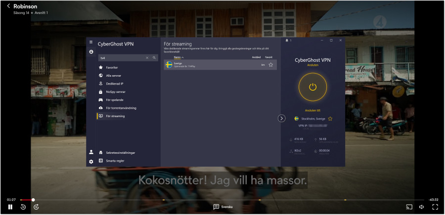 Gränssnitt för CyberGhost VPN med vald server i Sverige för streaming