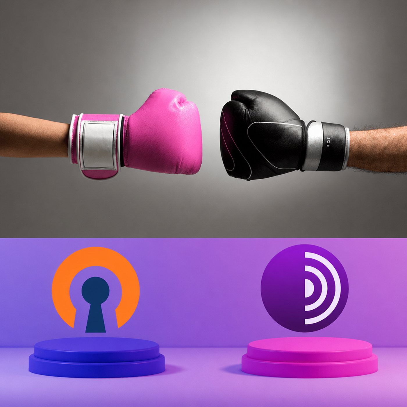 Boxningshandskar i rosa och svart mot symboler för VPN och Tor