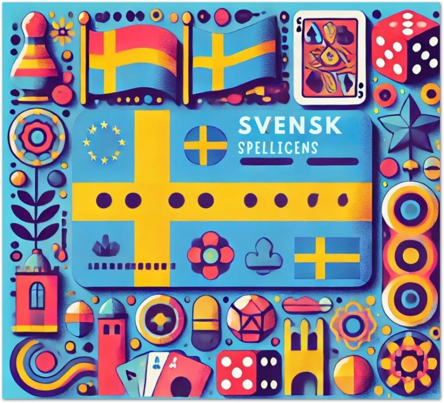 Grafisk illustration med svenska flaggan, spelkort och tärningar i en stiliserad collageform