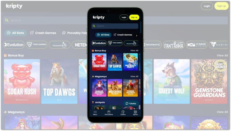 Mobilvy av casinowebbplatsen Kripty med spelkategorier och titlar