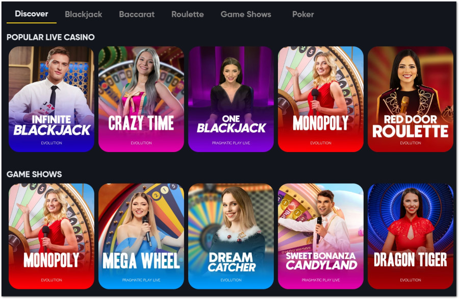 Gränssnitt för ett onlinecasino med ikoner för olika livecasinospel och game shows