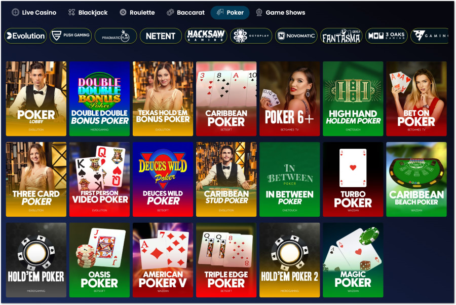 Spelmeny i ett onlinecasino som visar ett stort utbud av olika pokerspel