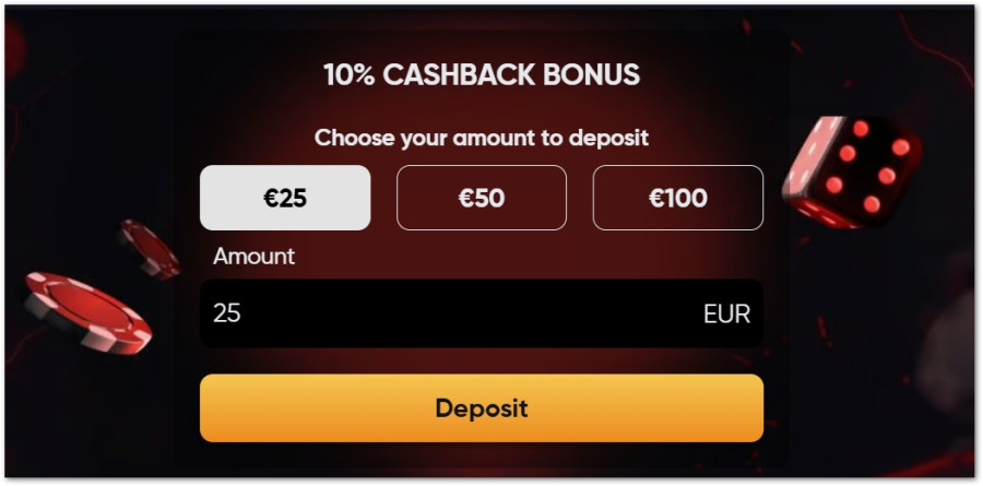 Gränssnitt för insättning av pengar med cashback-erbjudande och casinotema