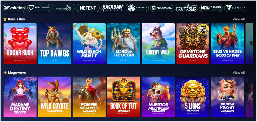 Spellutbud med kategorier för bonus buy och megaways hos Kripty Casino