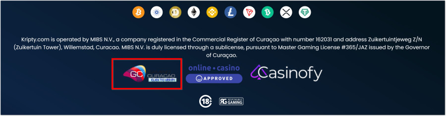 Textinformation om spellicens från Curaçao för ett kryptocasino