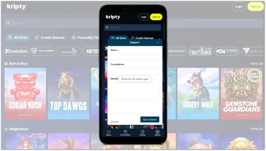 Mobilvy av kundtjänstformulär för chatt på Kripty Casino