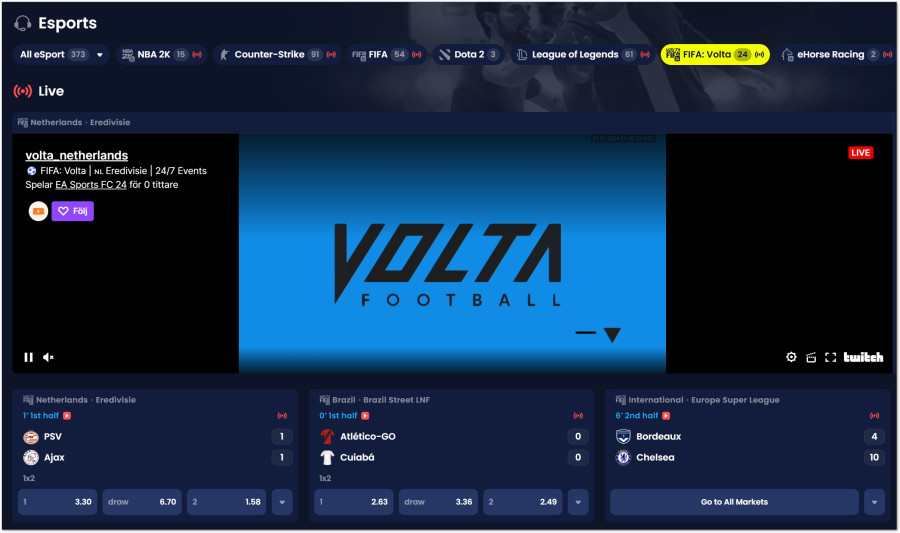 Gränssnitt för e-sportbetting med live-sändning och aktuella matchodds