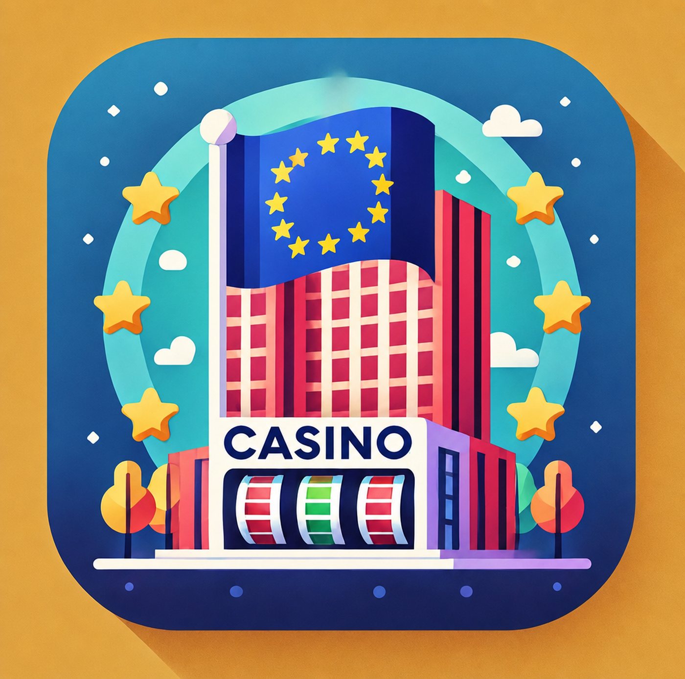 Illustration av ett kasinohus med EU-flaggan och spelautomater