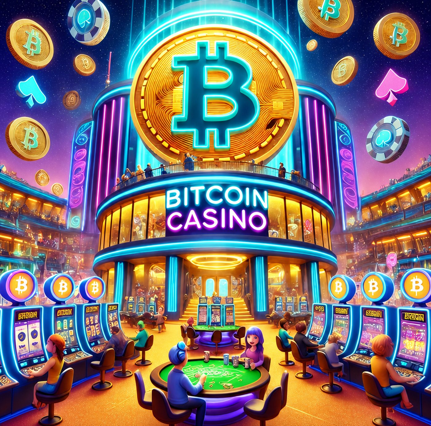 Färgstarkt bitcoin-casino med spelautomater och människor som spelar vid bord