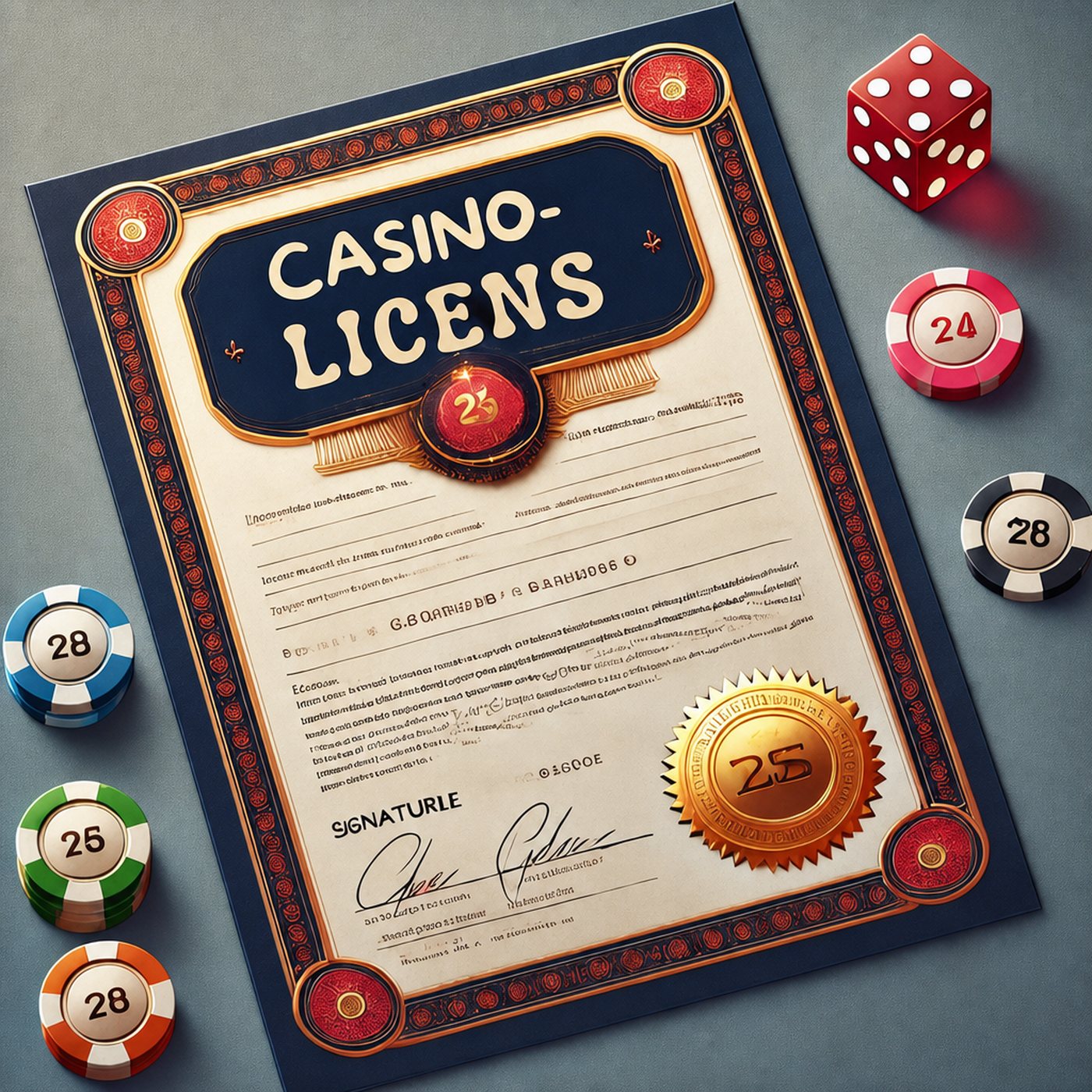 Ett formellt dokument märkt med texten casino-licens omgivet av spelmarker och en tärning
