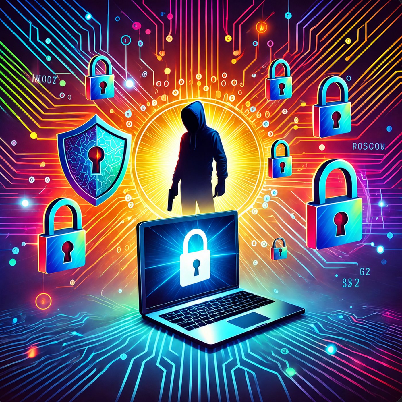 En mystisk figur bakom en laptop omgiven av hänglås och digitala kretsmönster