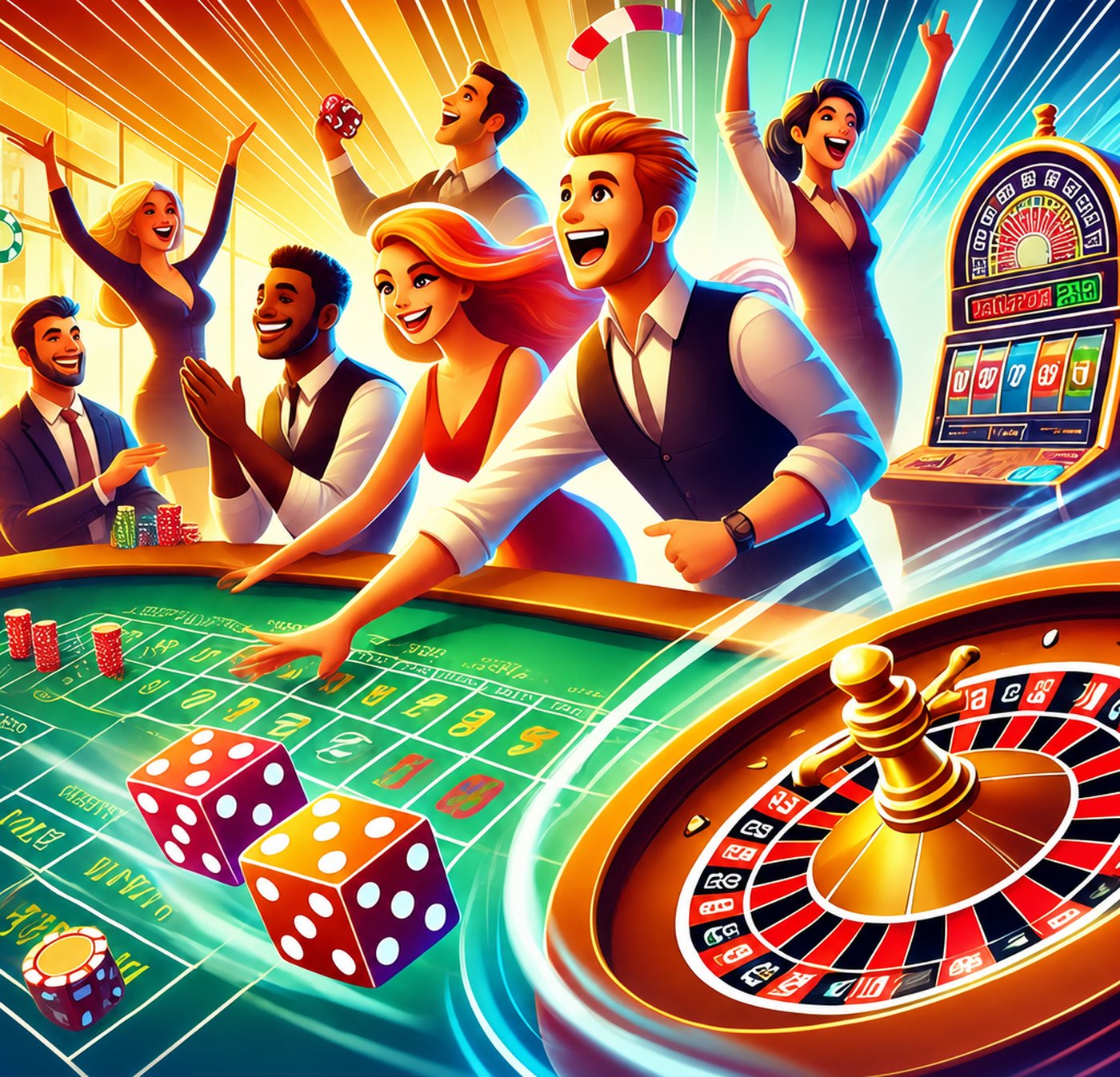 Glad grupp människor som spelar casinospel vid ett spelbord med tärningar och roulette