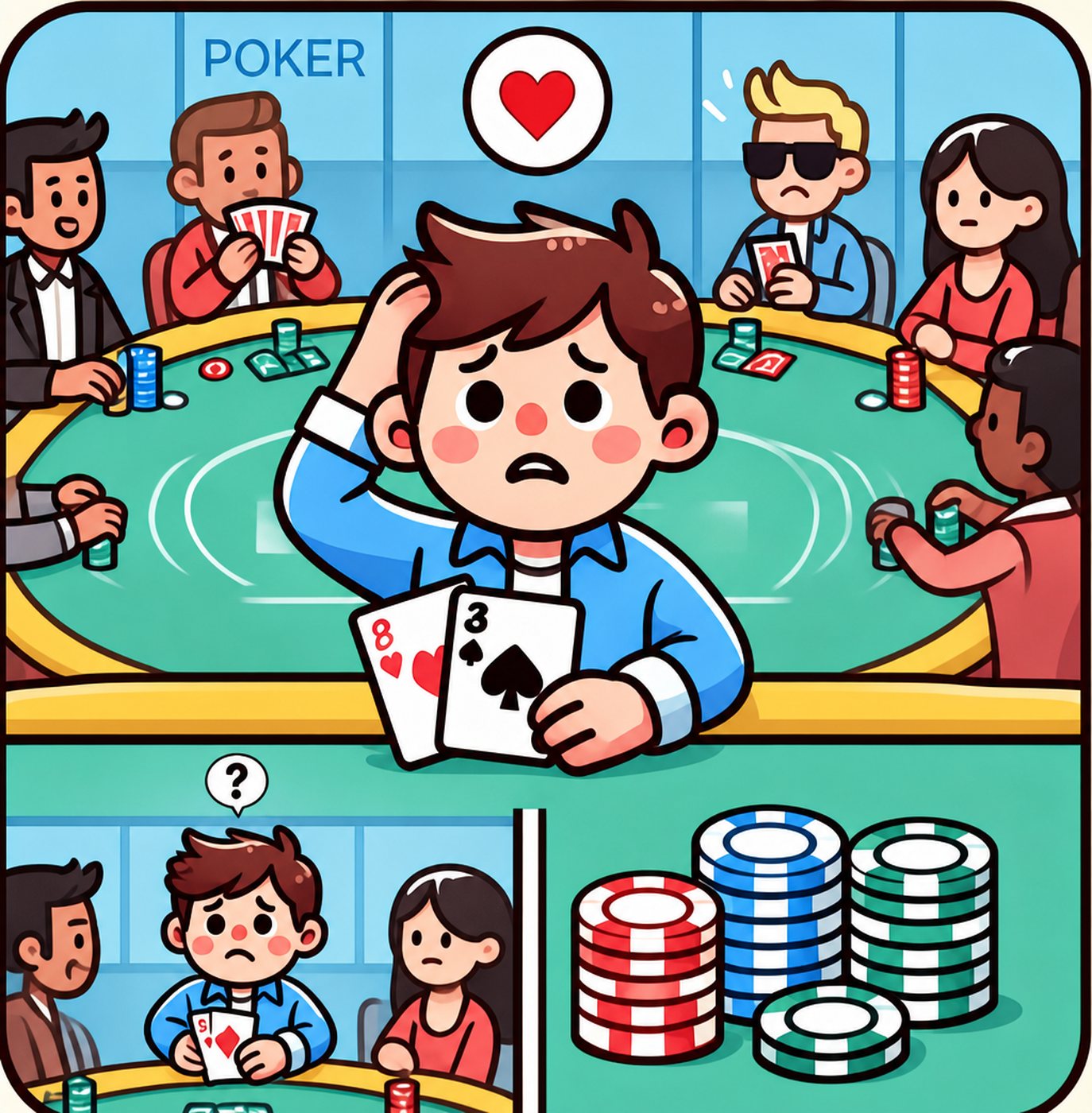 Tecknad illustration av förvirrad pokerspelare vid ett bord med marker