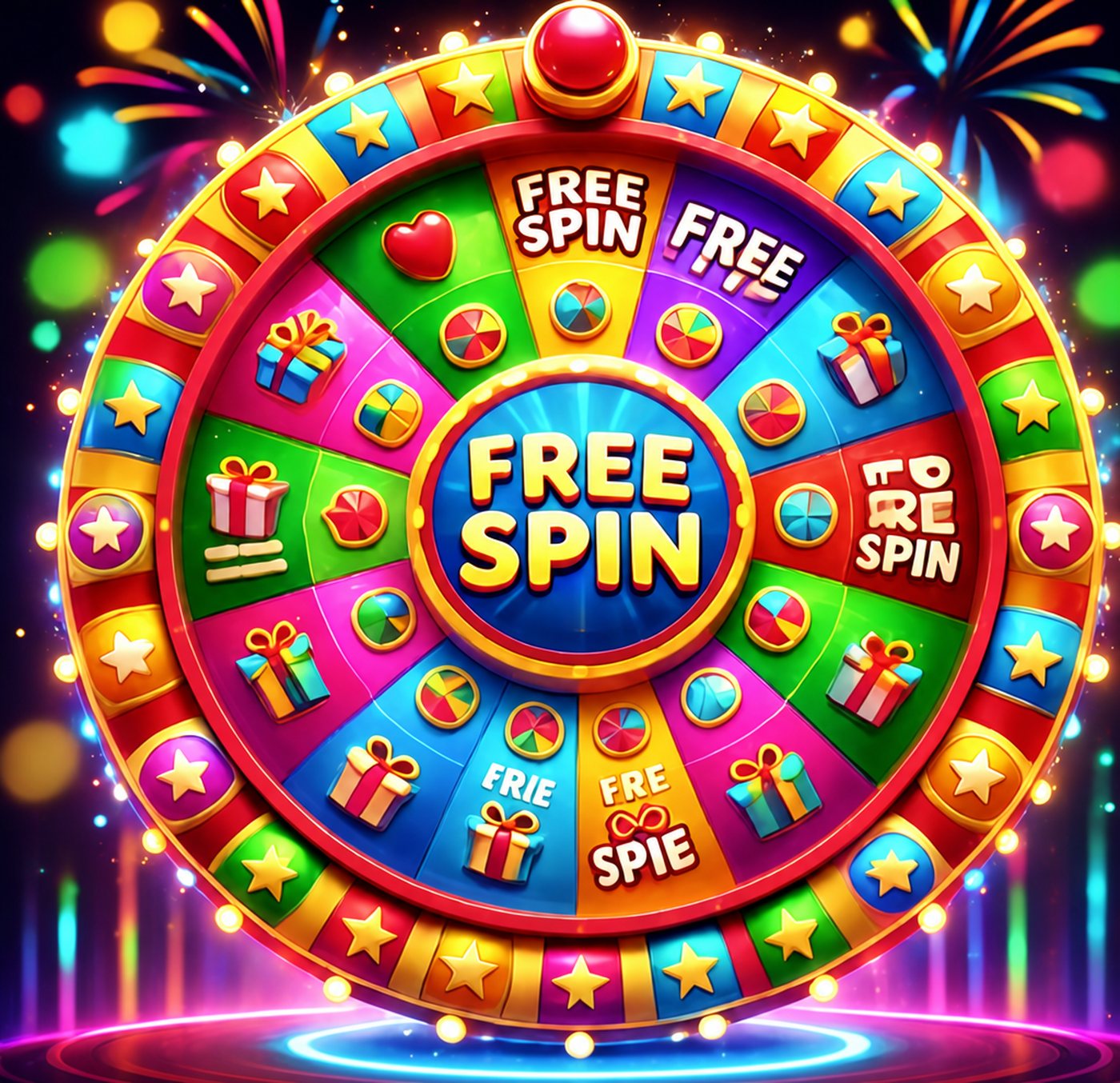 Färgglatt lyckohjul med texten Free Spin och symboler som presenter mot fyrverkerier
