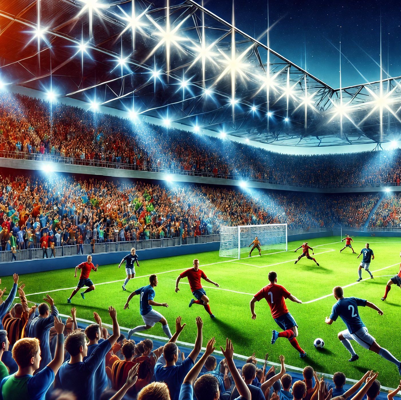 Fotbollsmatch med spelare på en fullsatt arena under strålkastare på kvällen
