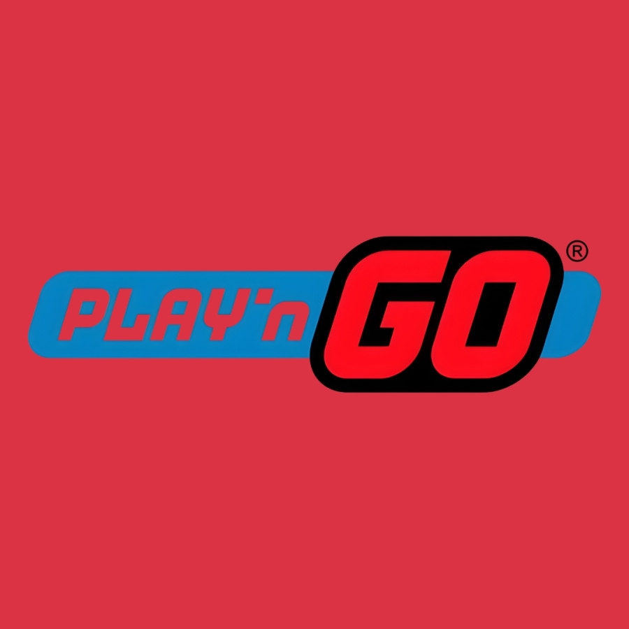 Logotyp för spelutvecklaren Play'n GO med röd text mot blå bakgrund